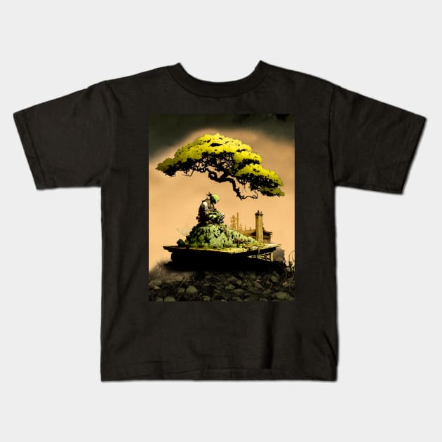 Contemplating the Complexities Under the Japanese Bonsai Tree No. 1 on a dark background Kids T-Shirt by Puff Sumo